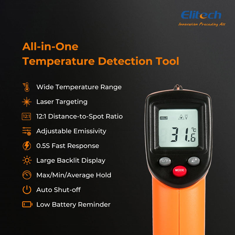 [Australia - AusPower] - Elitech Laser Temperature Gun, Non-Contact Digital Infrared Thermometer, Adjustable Emissivity, Backlight, Handheld for Grill, Meat, Food, Candy, Automotive, HVAC Tools, -50~530°C(-58~986°F), DIT-220 1 