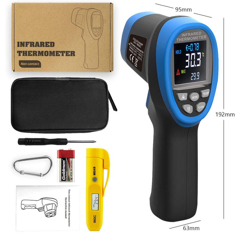 [Australia - AusPower] - Infrared Thermometer High Temperature Gun -58℉~3272℉ & Instant Read Thermometer -22℉~527℉ Combo with D:S=50:1, Adjustable 0.1~1.0 Emissivity, Color LCD Display for Smelting, Furnaces, Oven, HVAC GC-1800C+960C 
