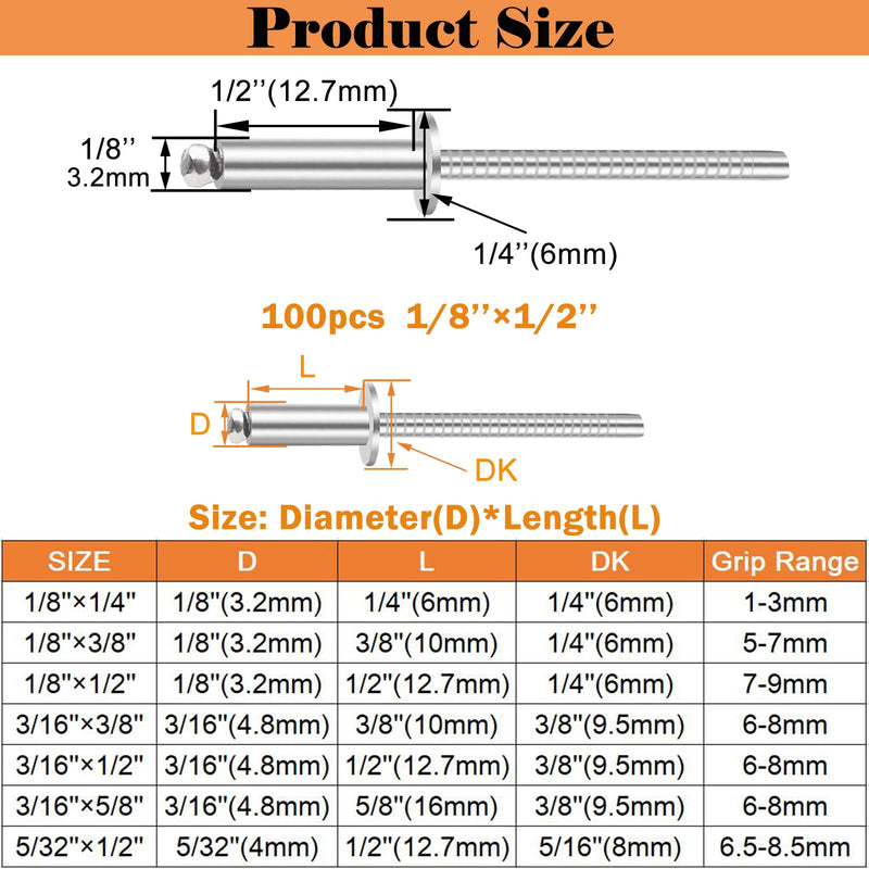 [Australia - AusPower] - 100pcs 1/8" x 1/2" Stainless Steel Blind Rivets, 3.2 x 12.7mm Stainless Steel Pop Rivets, Pack of 100 1/8" x 1/2" 