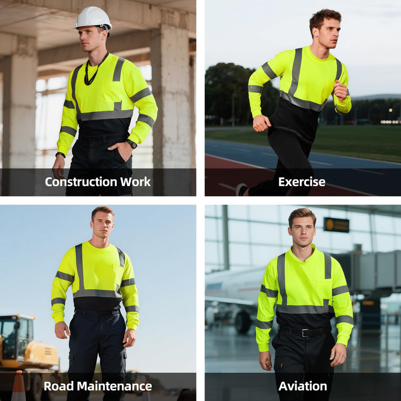 Hi Vis Safety Shirts for Men, High Visibility Long Sleeve Class 3 Reflective Construction Shirts 6X-Large Black Bottom Lime