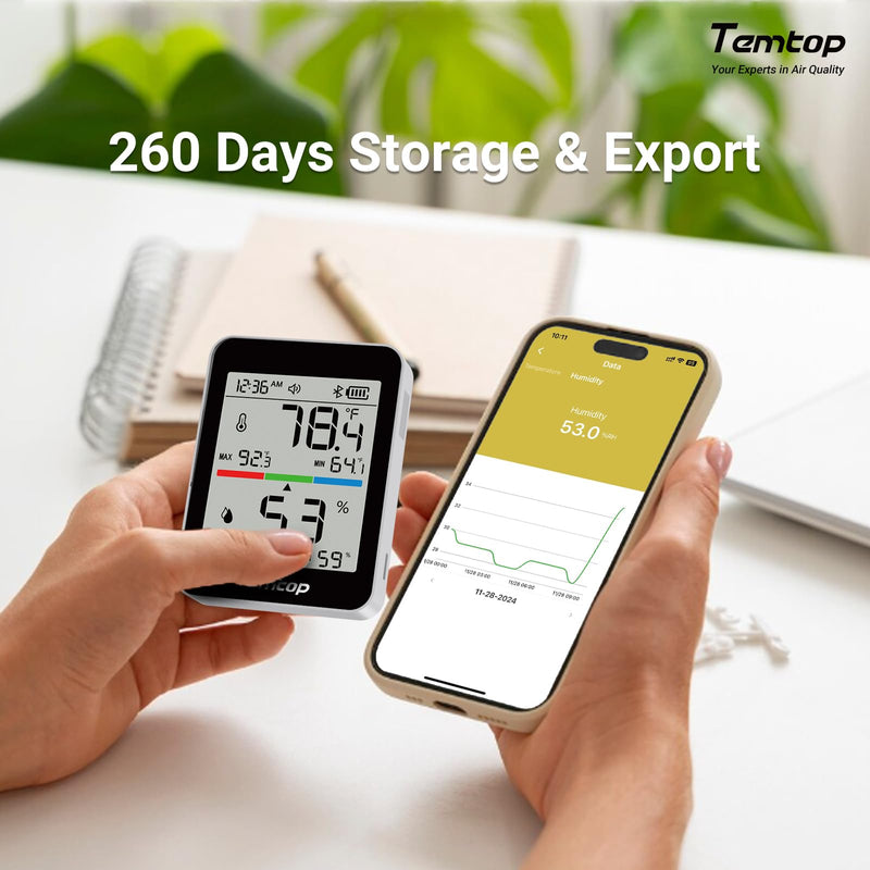 Temtop Humidity Meter T1, Indoor Thermometer for Room Temperature, Bluetooth Hygrometer with Notification Alerts, Data Export, Digital Gauge for Home, Office, Greenhouse, Garage, Baby Nursery, Gift Basic Edition 1