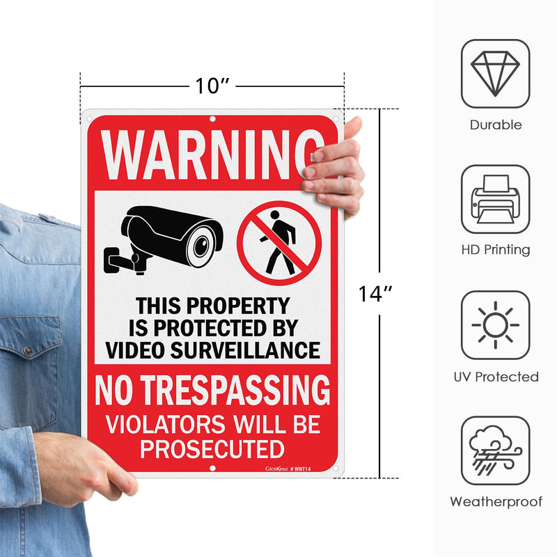 GicnKeuz Large Video Surveillance Signs, 14x10 Inches No Trespassing Sign Private Property Sign, Rust Free.40 Reflective Aluminum, Weather Resistant, Waterproof, Fade Resistant, 6 Pre-drilled Holes (4 Pack) 4 Pack