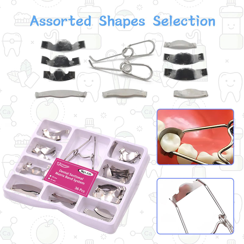 [Australia - AusPower] - 36 Pieces Dental Sectional Matrix Band System with Spring Clip for Dental Restorations, 0.035mm Thickness Stainless Steel Bands, 9 Sizes for Comprehensive Molar and Premolar Procedures Oral Care Kits 