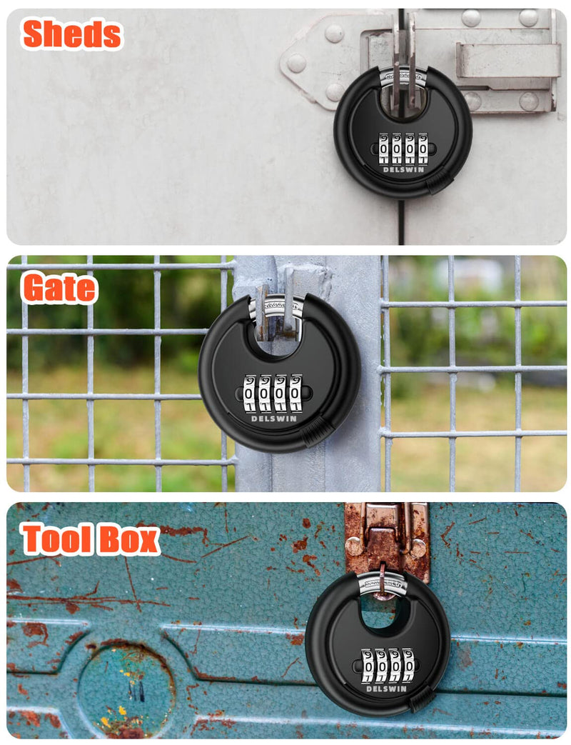 [Australia - AusPower] - DELSWIN 4-Digit Disc Combination Lock Outdoor - Heavy Duty Combination Padlocks with Hardened Steel Shackle Weatherproof Combo Locks for Gates,Sheds,Fence,Storage Unit (3/8" Shackle, Black,2 Pcs) Black 2Pcs 