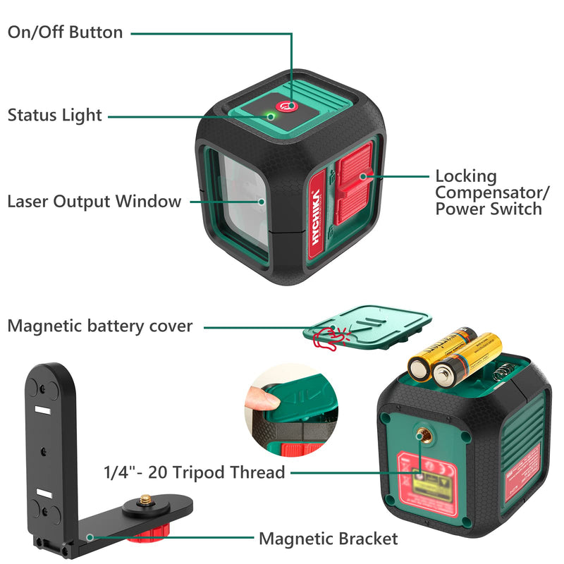 [Australia - AusPower] - HYCHIKA Laser Level 360 Self Leveling, 50 ft Lazer Leveler Tool, Green Cross Line Lazer Level for Picture Hanging, Tile, Decoration & DIY Indoor/Outdoor Construction, Battery & L-Bracket Included 