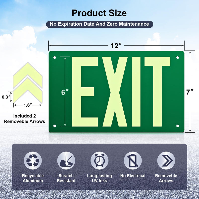 Photoluminescent Exit Sign Aluminum - Adhesive Backing Glow In The Dark - Removable Arrows Included - Pre-drilled Holes - 12x7 Inches - Non Electrical Green Exit Light For 50 Feet Visibility (2 Pack) Green 2 PCS With Pre-drilled Holes