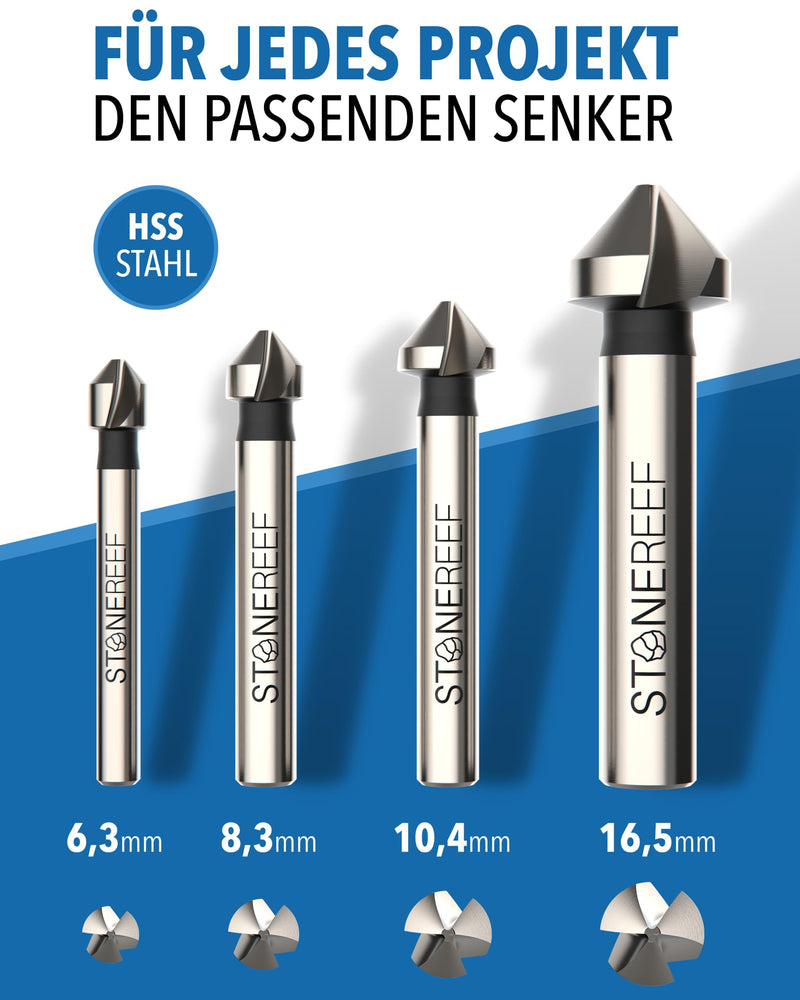[Australia - AusPower] - Countersink Set of 4 [6.3, 8.3, 10.5, 16.5 mm] HSS Countersink for Metal and Wood - Metal Countersink, Wood Countersink - Extra Sharp Thanks to Industrial Cut - Fits in Standard Drill Chucks - 