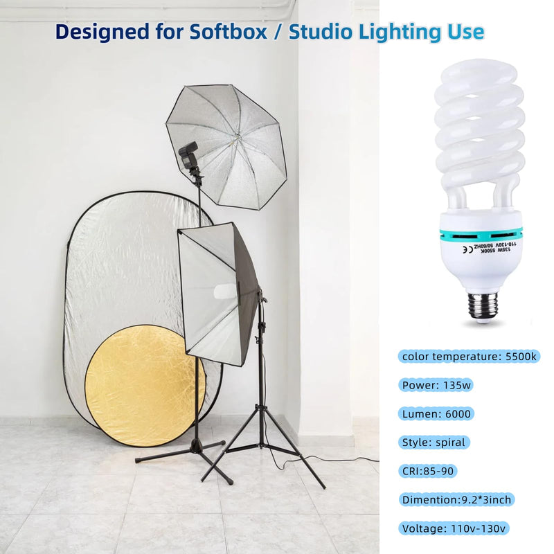 2Pcs 135W Light Bulb 5500K CFL Roas Daylight Spiral Softbox Lighting Kit Bulb in E27/E26 Socket for Photography Photo Box