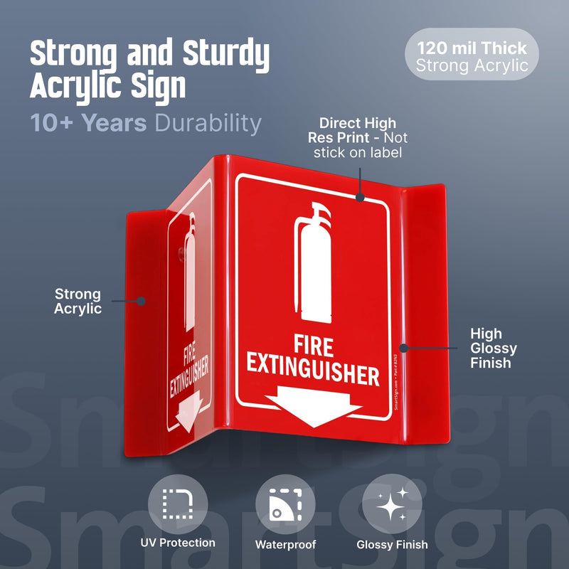 SmartSign (4-Pack) Fire Extinguisher Projecting Sign with Down Arrow - 5" x 6", Two-Sided Wall Mount Polished Acrylic Corridor V-Sign, White on Red #2. Red Acrylic - Pack of 4