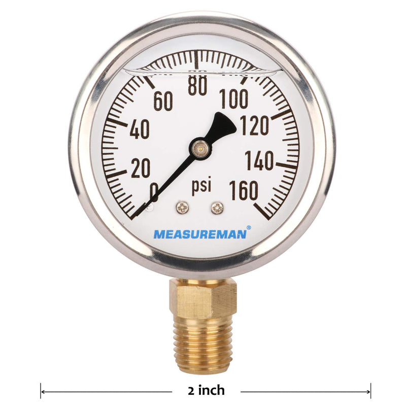 [Australia - AusPower] - MEASUREMAN Lead-Free Glycerin Filled Pressure Gauge, 0-160psi, RV Regulator Replacement Pressure Gauge, 2" x 1/4"NPT Lower, Stainless Steel Case, Brass Inside, 0-160 psi?RV? Lower Mount Single Scale 