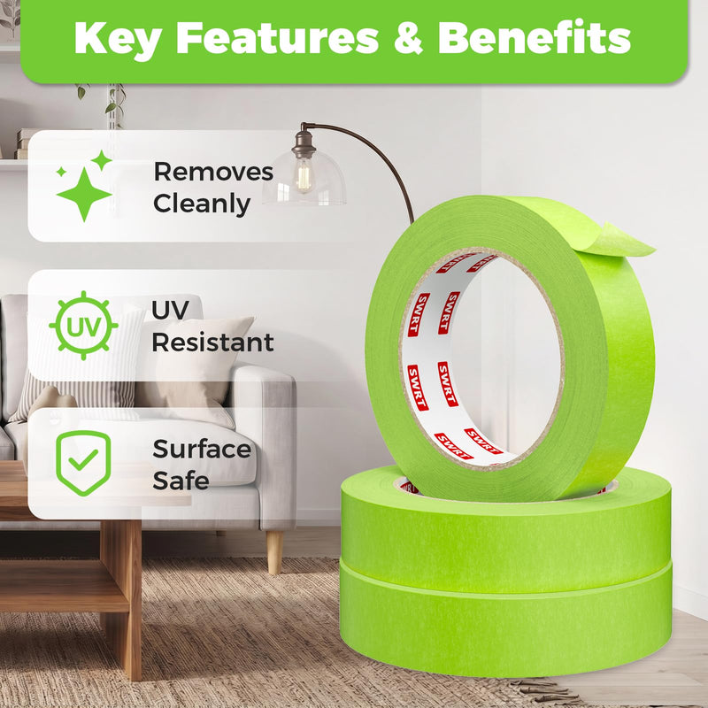 SWRT Green Painters Tape, 1 Inch x 55 Yards, 3 Rolls, Clean Removal | Crisp Paint Edges; Auto Paint Prep; Medium Adhesive Hold; Easy Edge Tracking; Curves & Trim Ready; Easy Hand Tear