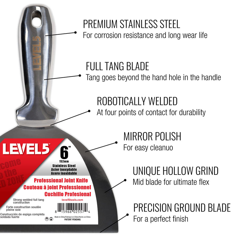 3-Pack One-Piece Stainless Steel Joint Knife - LEVEL5 | Professional Grade Putty Blade, Premium Polished All-Metal, Precision Ground Edge, Ergonomic, Corrosion Resistant | 5-450
