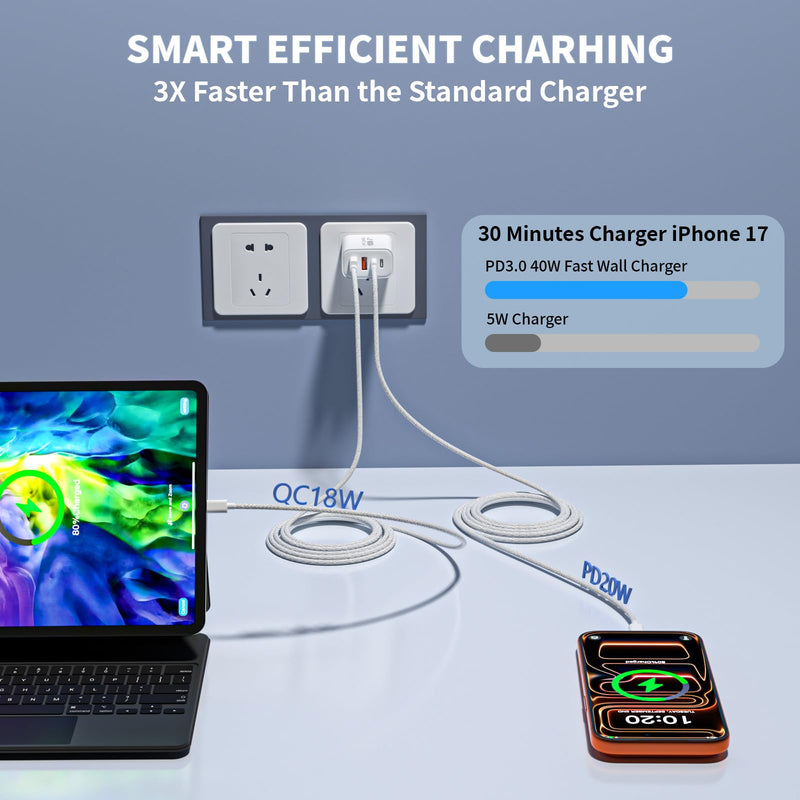 10Foot iPhone 17 16 15 Pro Max Charger Fast Charging,40W 2Pack 4 Port PD&AC USB Charger Block 10FT USB C to C Woven Cable Quick Charging Cord for iPhone 17 Air/17 16 15 Pro/16e/16 Plus/15/15 Pro/iPad 2