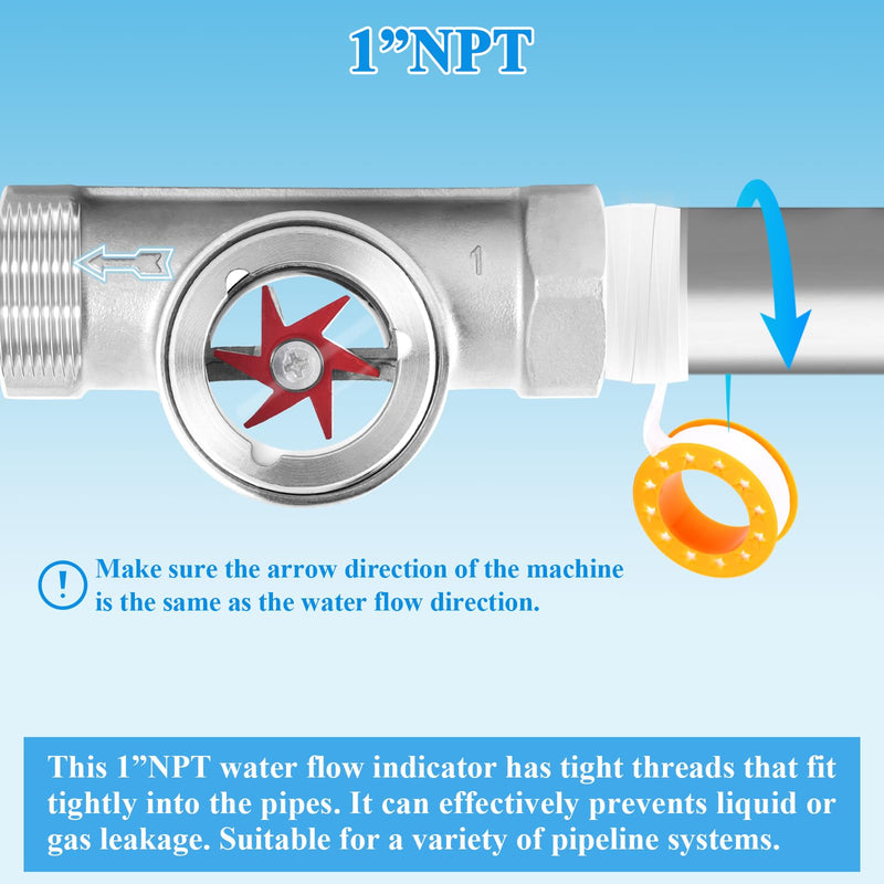 [Australia - AusPower] - 1" NPT Water Flow Indicator Flow Meter Indicator with Tape Stainless Flowmeter for Water Oil Gas 
