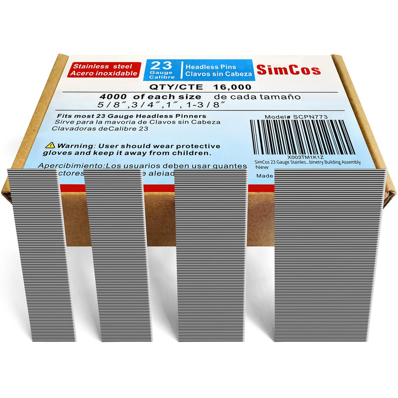 23 Gauge Stainless Steel Pinner Nails (5/8",3/4",1",1-3/8") assorted 4 sizes' Headless Pin Nails for 23 GA Pneumatic or Electric Pin nailer or pin nail gun,Project Pack (16000), SCPN3377 16000