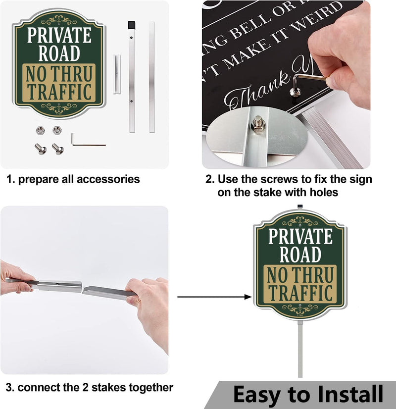 Private Road No Thru Traffic Sign 12" x 18" With 35" Long Metal Stakes No Through Road Private Drive Sign Private Driveway No Trespassing Sign Private Property Sign Stand Aluminum Outdoor Use Sign