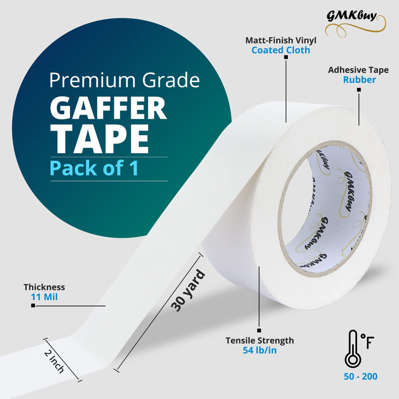 2 in x 30 Yd White Gaffers Tape – Heavy Duty, Non-Reflective, Easy to Tear, Waterproof Matte Gaffer Stage Tape – Gaff Cloth Tape for Photography, Filming Backdrop & Production 2 Inch x 30 Yards - [1 Pack]
