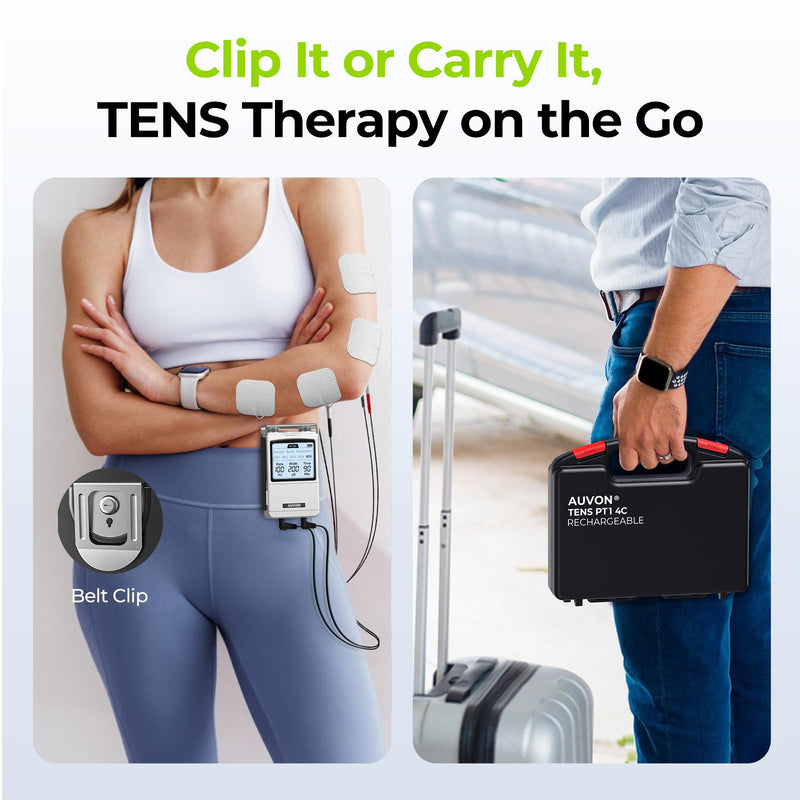 AUVON Rechargeable 4-Channel TENS Unit Muscle Stimulator for Back Pain Relief, Digital TENS Machine with 8 Customizable Modes, Electronic Pulse Massager Easy to Use, 16 Premium TENS Pads, A Carry Case