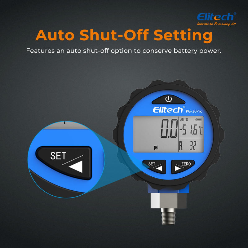[Australia - AusPower] - Elitech PG-30Pro Blue Refrigeration HVAC Digital Pressure Gauge -14.5-500 PSI 1/8'' NPT 