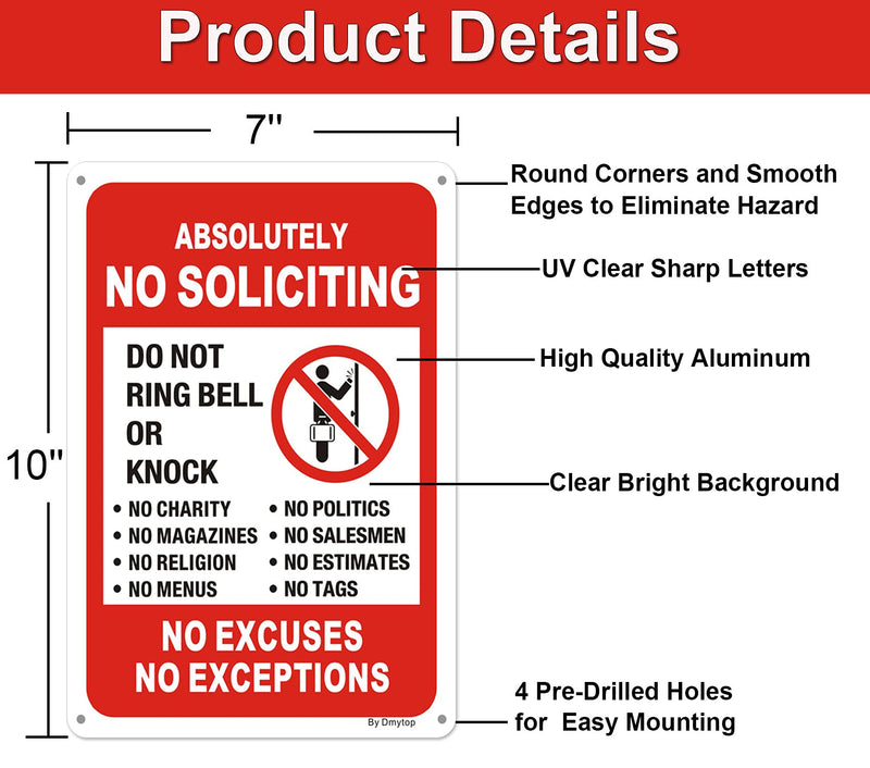 [Australia - AusPower] - 2 Pack Absolutely No Soliciting Yard Sign for House -10" x 7" No Excuses No Exceptions Do Not Ring Bell No Knock Metal Sign for Front Door，UV Protectd Rust & Fade Resistant 10" x 7" 