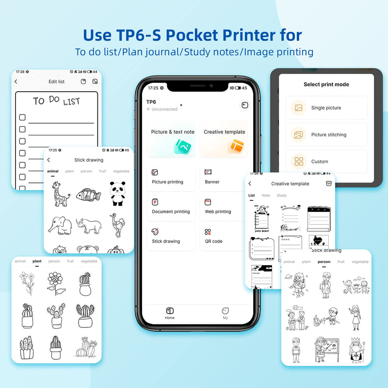 [Australia - AusPower] - vretti Portable Thermal Printer TP6S, Bluetooth Mini Pocket Printer Compatible with Android & iOS, 300DPI Wireless Pocket Picture Printer for iPhone Working Listing, Notes, Journal, Travel TP6-S+1roll 