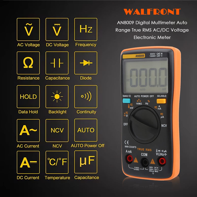 [Australia - AusPower] - AN8009 Auto Ranging Digital Multimeters LED 9999 Count True RMS AC/DC Voltage HFE Electronic Meter Voltage Current Amp Resistance Diodes Continuity for Automotive 