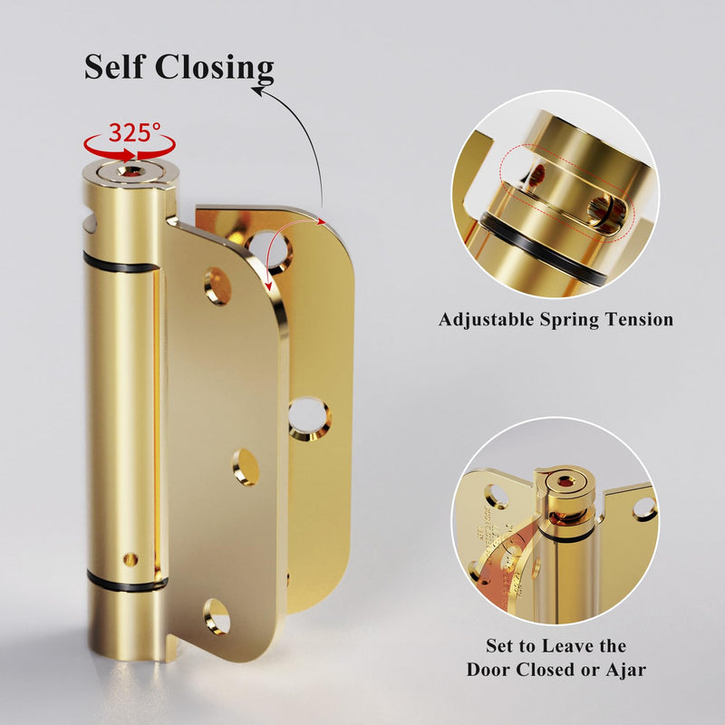 [Australia - AusPower] - Sophia Self-Closing Door Hinge 3.5 Inch Rounded 5/8 Radius Interior, Spring Loaded Hinge Adjustable Tension for Garage Residential Standard Bedroom Indoor Doors, 2 Pack, Polished Brass 