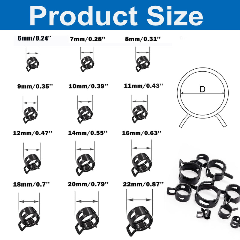 [Australia - AusPower] - Tnisesm 140 Pcs 12Values 6-22mm Spring Hose Clamp Assortment kits Silicone Vacuum Hose Action Low Pressure Air Clip Clamp hoses clamps sleeving(Black) 