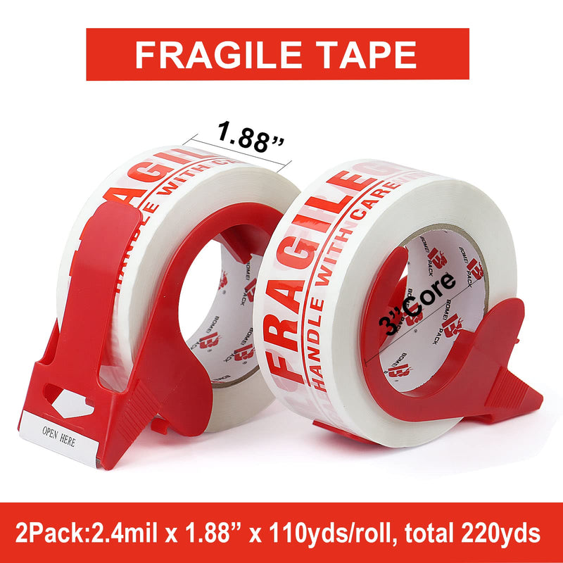 [Australia - AusPower] - BOMEI PACK Fragile Tape Handle with Care Packing Printing Tape, Fragile Tape for Shipping with Dispenser, 2 Inch x 330 Feet (110 Yards), Heavy Duty Fragile Tape for Moving Box, 2 Pack 