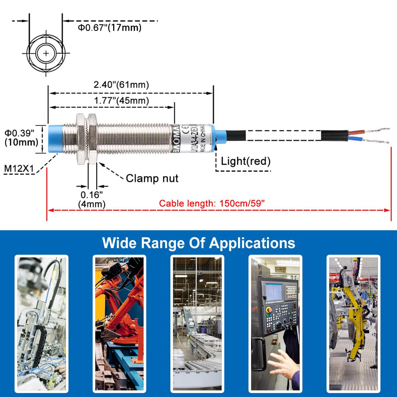 [Australia - AusPower] - Baomain 4mm Cylindrical Inductive Proximity Switch, DC 10-30V 200mA NO 2-Wire,M12 Sensor Switch LJ12A3-4-Z/EX 