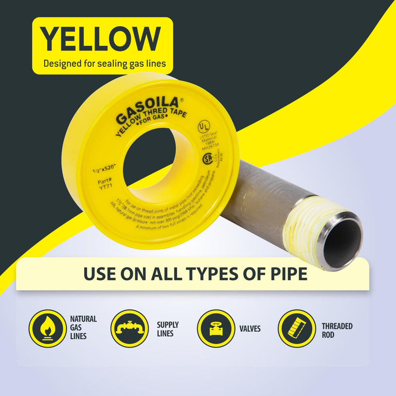 Gasoila Yellow PTFE Thread Seal Tape – Professional-Grade, 1/2 Inch x 520 Inch, High-Density Thread Tape for Gas Lines – Leak-Proof Seal, Non-Toxic 1/2 Inch x 520 Inch Roll- 1 Pack