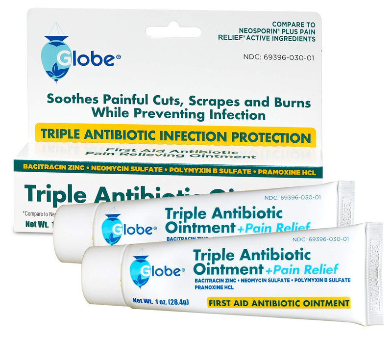 [Australia - AusPower] - (2 Pack) Globe 1oz Triple Antibiotic Ointment + Pain Relief, Dual Action Maximum Strength First Aid Ointment Soothes and Heals Painful Minor Scratches and Wounds and Prevents Infection 