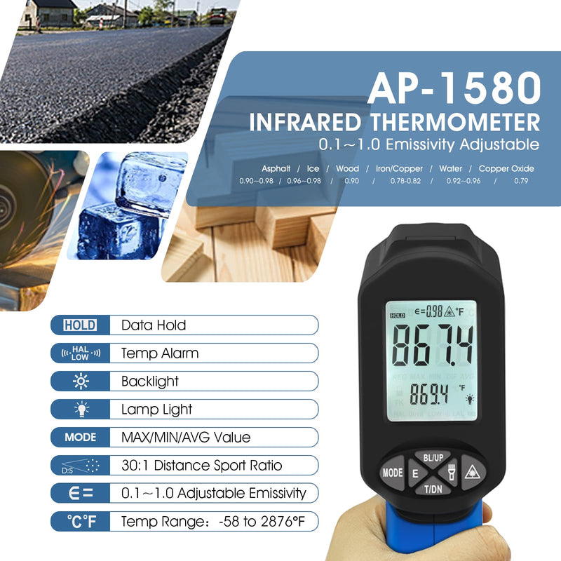 [Australia - AusPower] - AOPUTTRIVER AP-1580 Infrared Thermometer Temperature Range -58°F to 2876°F with DS 30:1 High Temperature Thermometer with Adjustable Emissivity Backlight for HVAC Pizza Ovens AP-1580(Blue) 