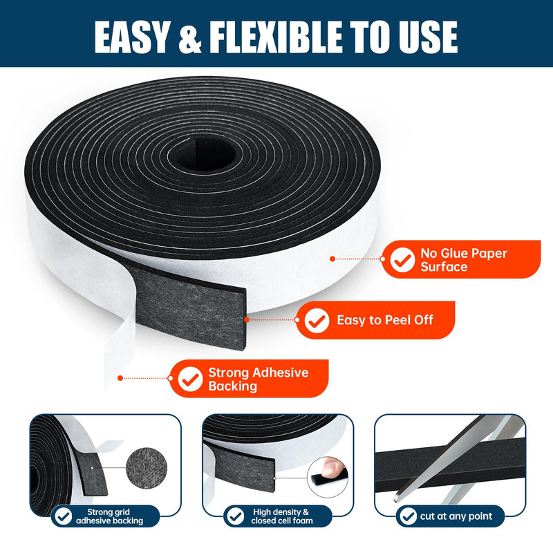 Single Sided Foam Tape Heavy Duty Waterproof, 2 Inch Wide x 1/4 Inch Thick EVA Foam Insulation Tape, Black Weather Stripping for Doors and AC Windows Seal, Soundproof 16.5ft