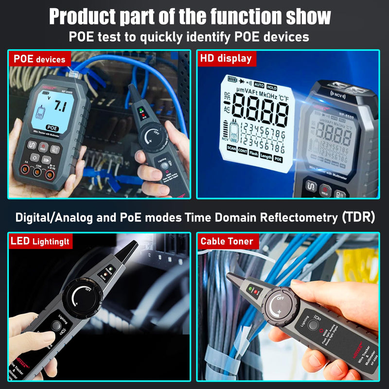 [Australia - AusPower] - NOYAFA NF-8509 Network Cable Tester (with Multimeter Tester), POE/RJ45 RJ11 CAT5 CAT6 LAN/Ethernet Port Flashing, Anti-Interference TDR Network Tester/NCV Anti-Burnout AC DC Voltmeter Network Tool Black 