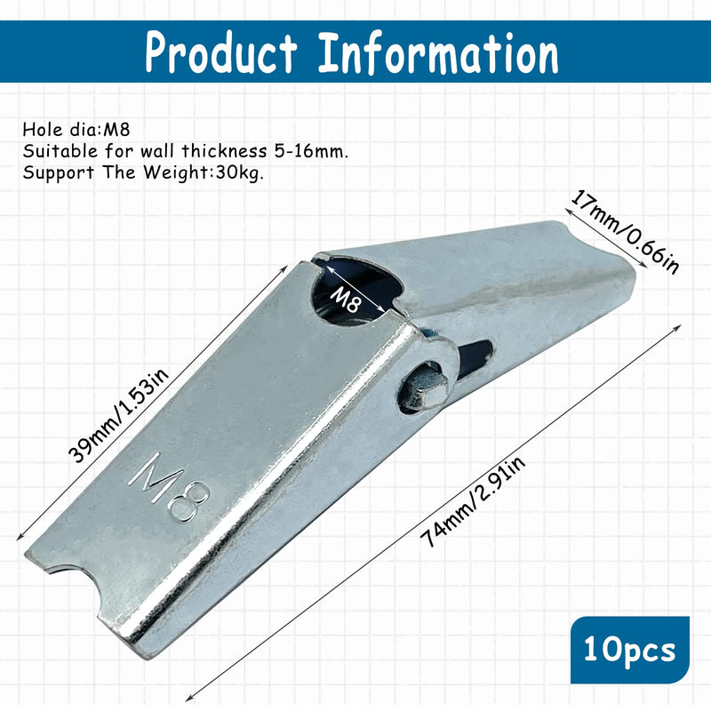 [Australia - AusPower] - 10pcs Toggle Anchors Wing Nut Kit for Hanging Heavy Items on Drywall(M8) M8 