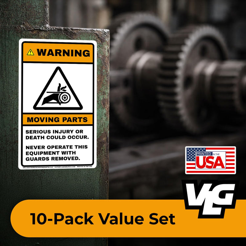 WARNING Moving Parts Label #4 – 3" x 5" Vertical ANSI Z535 Safety Sticker, Ultra Tack Laminated Vinyl for Industrial Machinery & Equipment – 10 Pack
