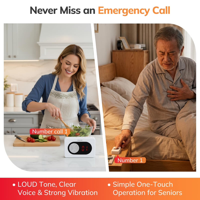 Umimile Caregiver Pager Wireless Call Button for Home, Nurse Alert with LED Display & Voice, 6 Buttons, 150m/500ft Range, 26 Ringtones, for Elderly Patient, Senior Care, Clinic & Nursing Home, White