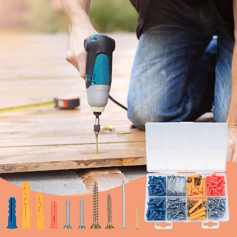 [Australia - AusPower] - 360 Pcs Drywall Wall Anchors and Screws and Nails Kits, Chipboard Wall Fish Type Wall Plugs, Plasterboard Mount Flat Head Self Tapping Fixings Wood Plugs and Screws and Nails 