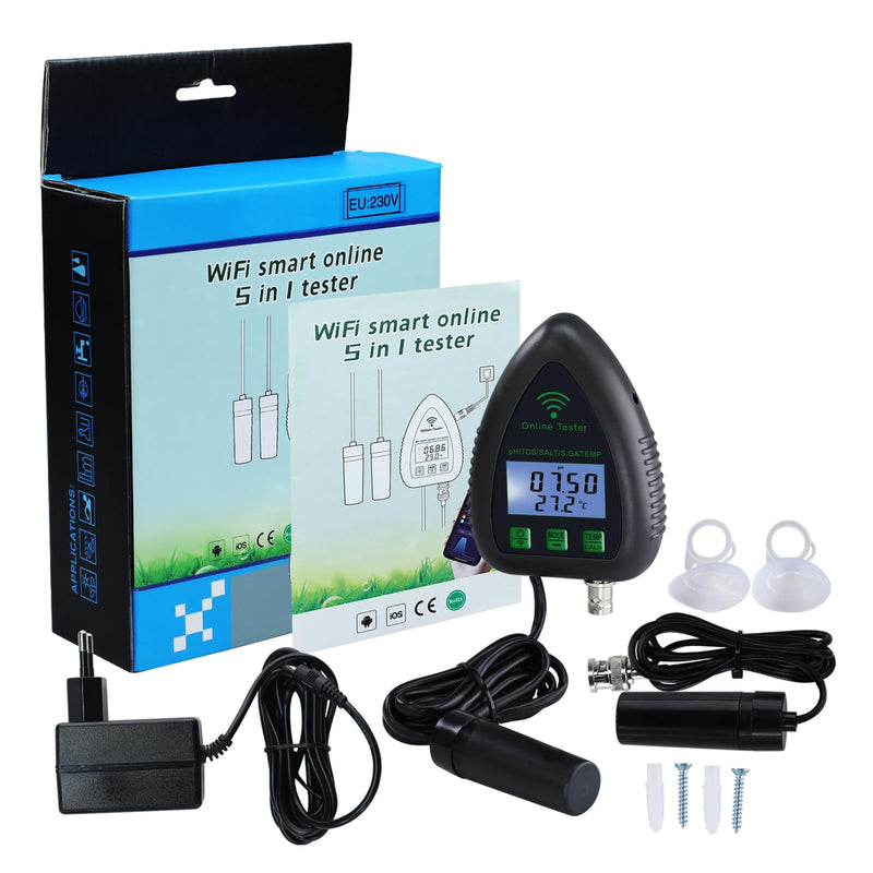 [Australia - AusPower] - WiFi Water Quality Monitor 5-in-1 pH, S.G., TDS, Salt & Temperature Tester | 24/7 Online Hydroponic Monitoring with Data Logging & Alarms for Aquariums, Fish Ponds & Saltwater Pools 