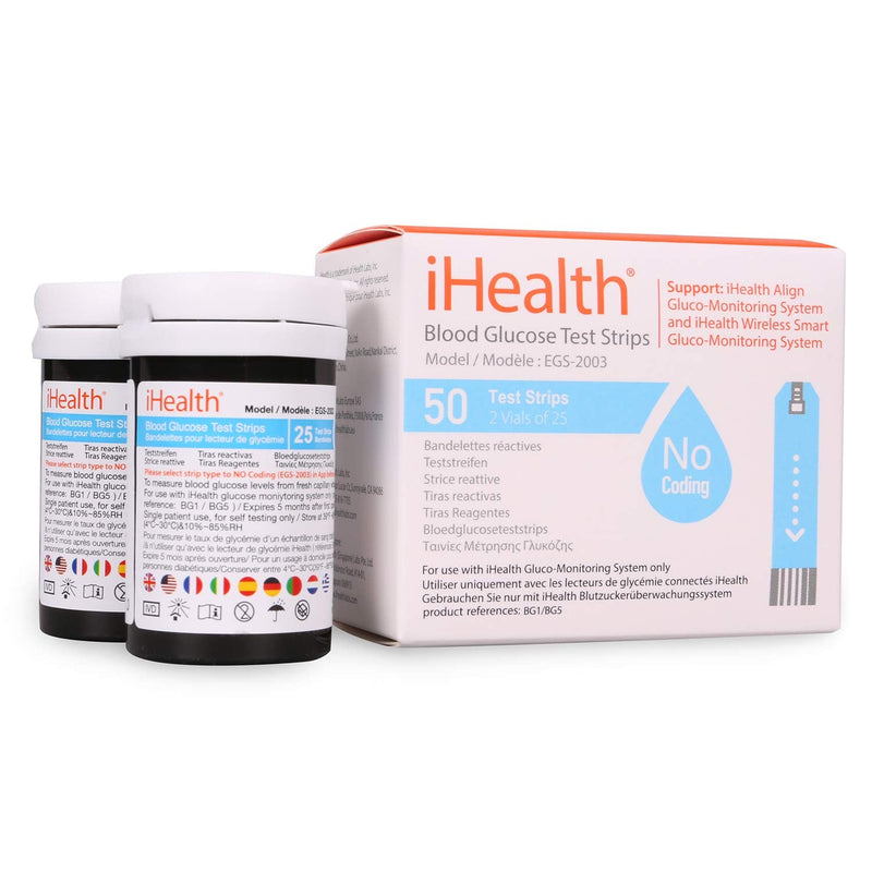 [Australia - AusPower] - iHealth Blood Glucose Test Strips (50 Count), No Coding Blood Sugar Test, Eligible for FSA Reimbursement, Precision Sugar Measurement for Diabetics, Strips Work Only in iHealth Glucose Meters Multicolor 