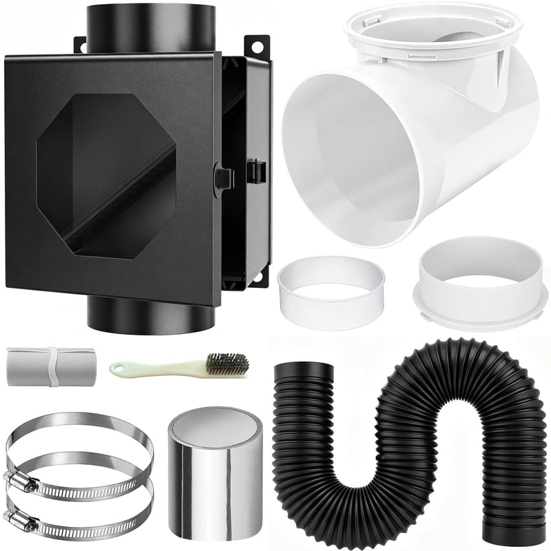 4 Inch Dryer Lint Trap Kit, Metal Lint Collector Box with 90° Elbow Connector, 2 Filter Screens, Exhaust Hose Clamps, Aluminum Foil Tape & Cleaning Brush 90°-black