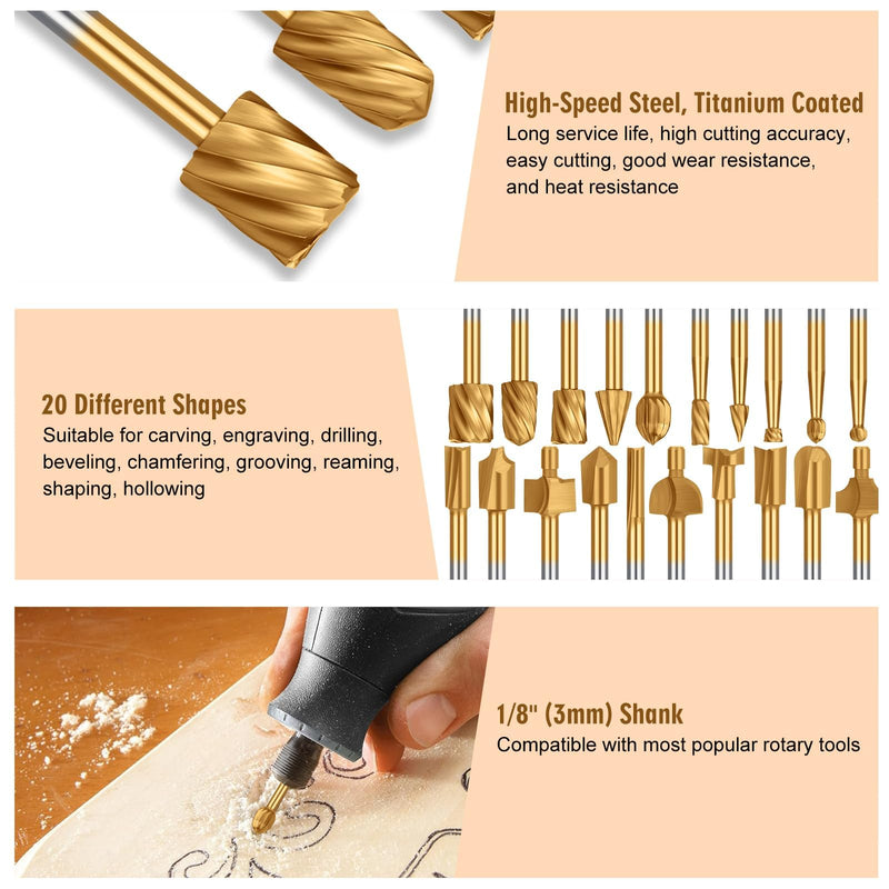 [Australia - AusPower] - EEEKit 20 Piece Wood Carving Drill Bit Set, HSS Rotary Burr Milling Cutter Wood for Rotary Tool with 3 mm Shank 
