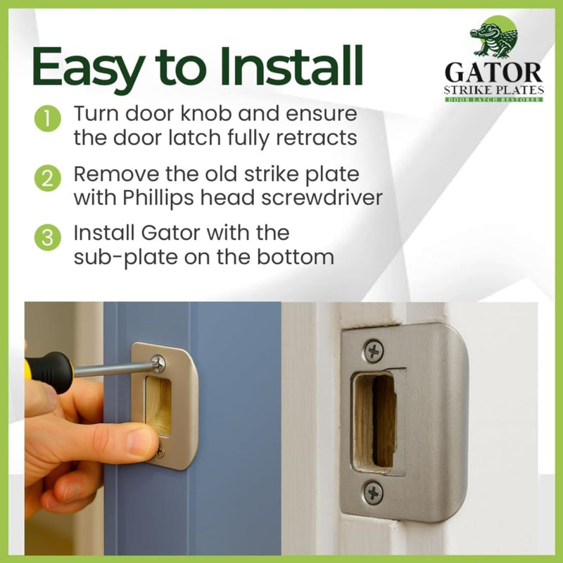Gator Door Strike Plate with Screws, – 2-1/4" by 1-3/4" Universal Latch Restorer Alloy Steel Lock Hardware for Interior and Exterior Doors, Replacement Door Latch Plate | Satin Nickel 4-Pack