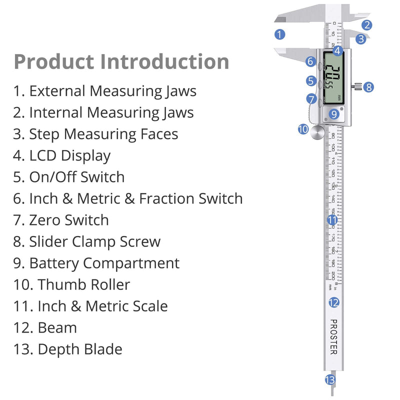 [Australia - AusPower] - Proster Digital Vernier Caliper 8inch 200mm - Stainless Steel Electronic Caliper Fractions/Inch/Metric Caliper Measuring Tool for Length Width Depth Inner Diameter Outer Diameter PSTTL358 