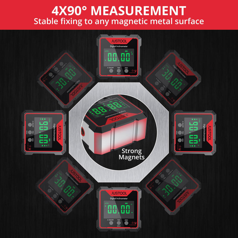 [Australia - AusPower] - JUSTOOL Digital Level Box Angle Finder Gauge with Electronic Laser 4-Side Strong Magnetic Angle Gauge Backlight Inclinometer Rechargeable Angle Measuring Device for Woodworking Renovations Red 