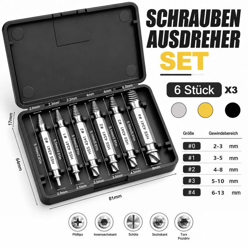 Set of 3 Screw Extractors, 6 Pieces, HSS 4341 Left Extractor for Damaged Screws, Screw Remover and Screw Extractor for Cordless Screwdrivers and Drills