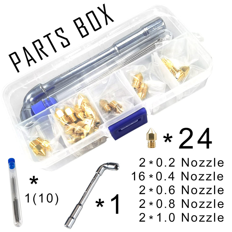 MK8 Nozzles 24 pcs 3D Printer Extruders Brass Nozzles 0.2mm, 0.4mm,0.6mm, 0.8mm, 1.0mm CR-10 Nozzle with DIY Tools and Metal Storage Box for CR-8 / CR-10 / Ender 3 / Ender 3S / 5/6 and so on MK8 Brass Kit: Various Nozzles