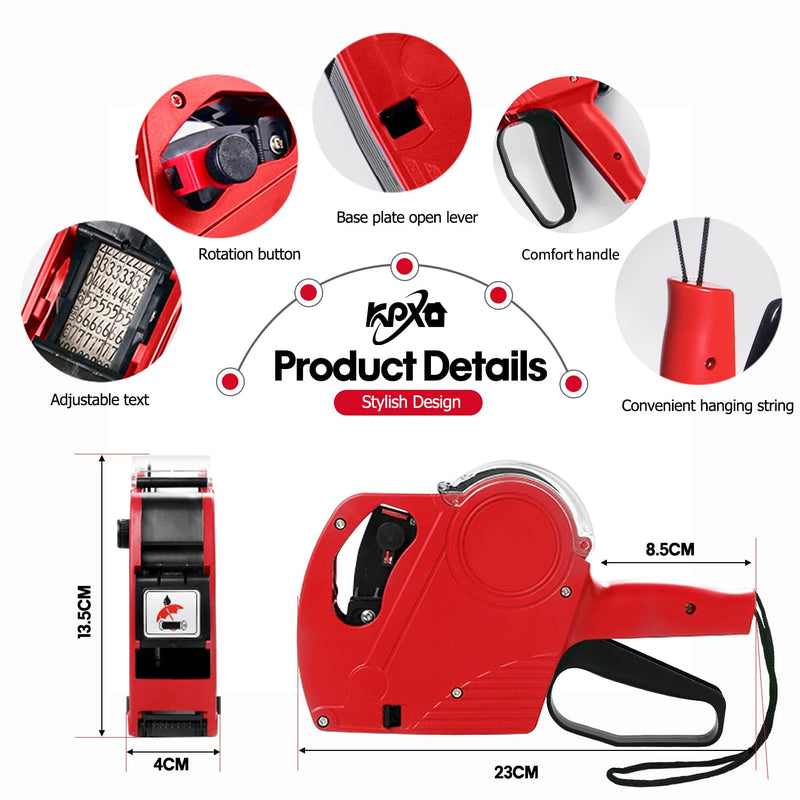 KPX MX5500 Pricing Tag Gun with 5150 pcs White Label Gun Stickers & 3 Extra Inker Rollers, Pricing Label Gun, 8 Digits Retail Pricing Gun and Labels for Grocery Store, Food (Red) Red