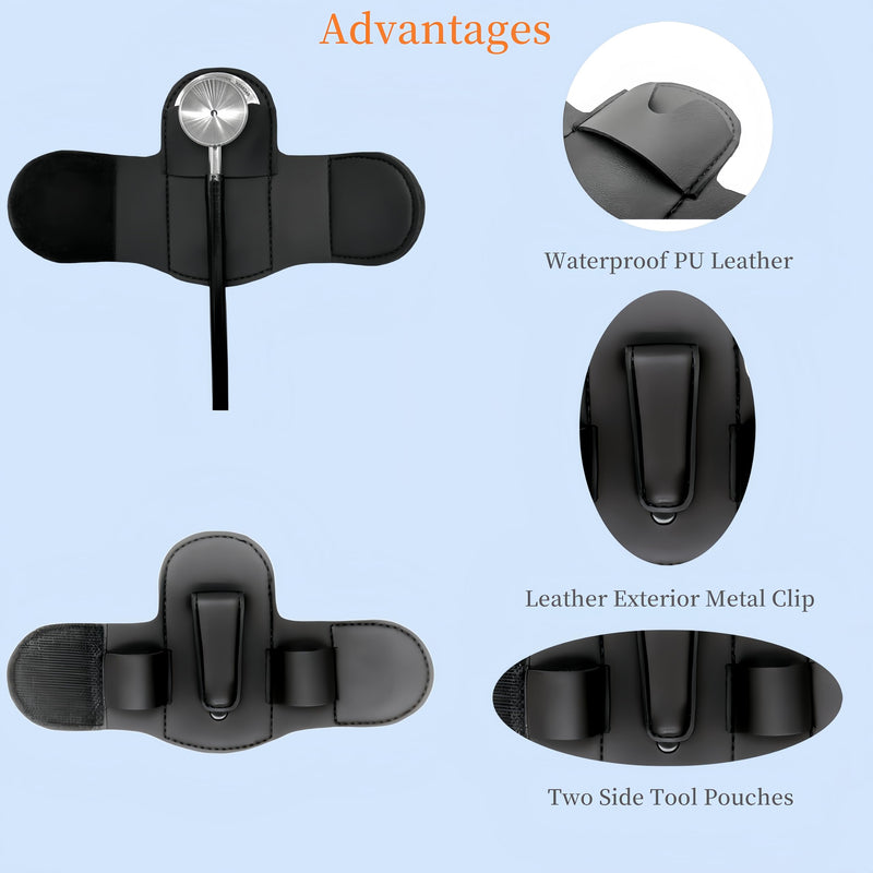 [Australia - AusPower] - 2 Pieces Stethoscope Holder Clip，Premium Leather Stethoscope Holder Hip Clip，Lightweight Portable Stethoscope Holster with Medical Flashlight Clip for Nurses Physicians (Black&Black) Black&Black 